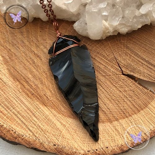 Black Obsidian Arrowhead Copper Pendant